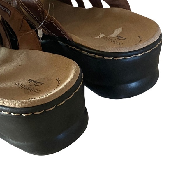 CLARKS COMFORT LEATHER COLLECTION SLIP-ONS BROWN 2” Heel Leather Flower … - Picture 10 of 13